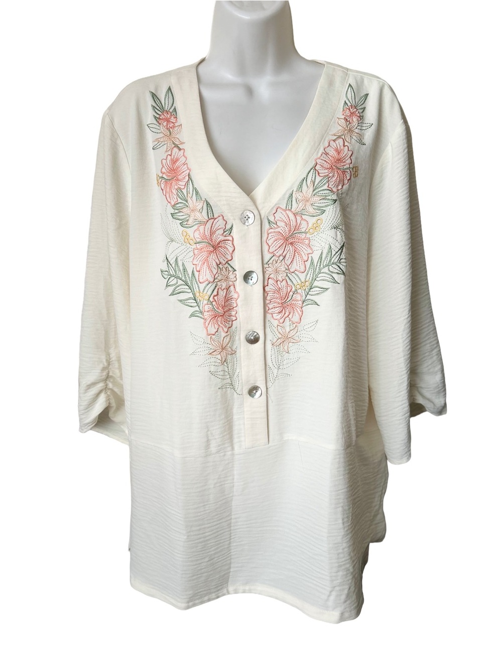 Ruby Rd. Cream Tunic with Pink Floral Embroidery, Sz XL